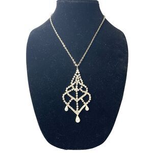 Vintage Rhinestone Pendant Necklace Silver Tone Teardrop Bridal Prom 80s 18"